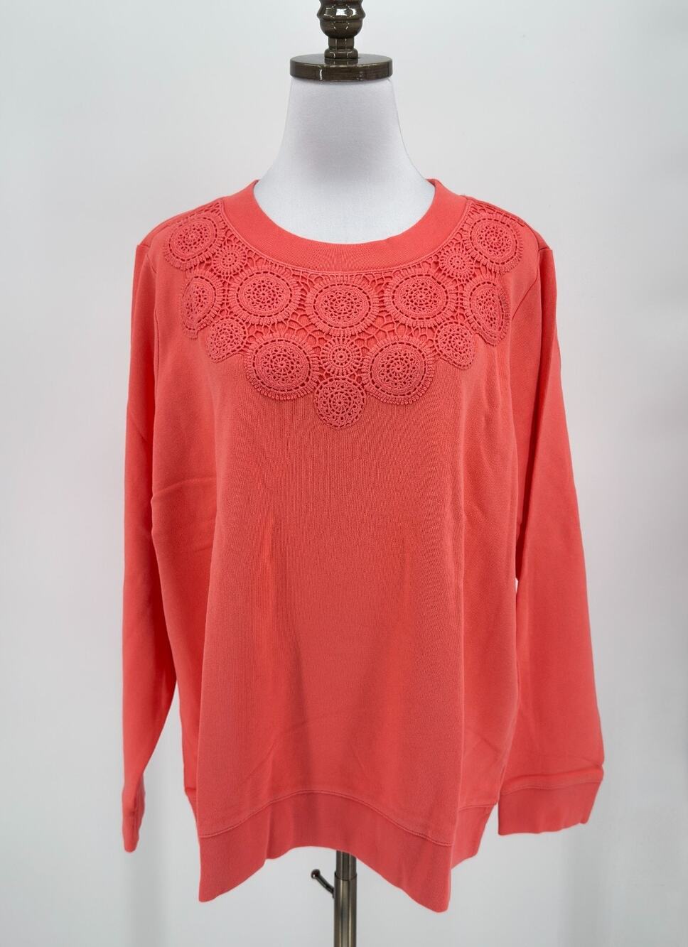 Talbots Coral Pink Cotton Circle Lace Crew Neck Sweatshirt Top Sz 2X NEW